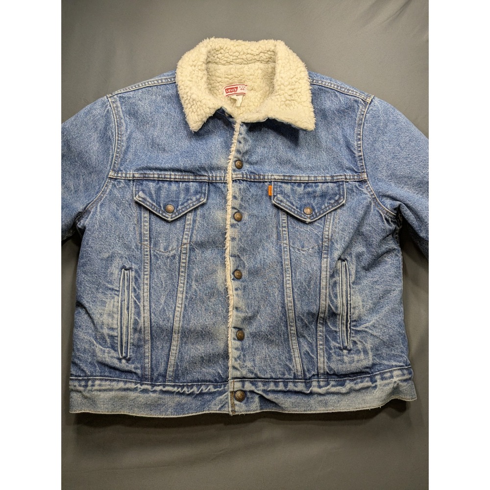 Vintage Levis Orange Tab Sherpa Lined Denim Trucker Jacket Made in USA Blue 46